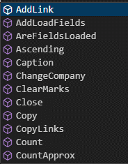 RecordRef IntelliSense, from AddLink through CountApprox
