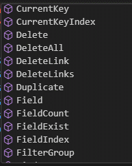 RecordRef IntelliSense, from CurrentKey through FilterGroup