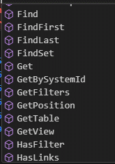 RecordRef IntelliSense, from Find through HasLinks