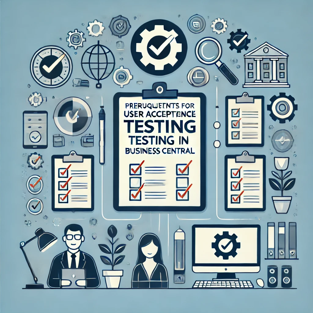 Illustration of checklists and gear icons around the text Prerequisites for User Acceptance Testing in Business Central.