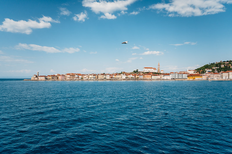 Seaside view of Portoroz and Piran coastline under blue sky.