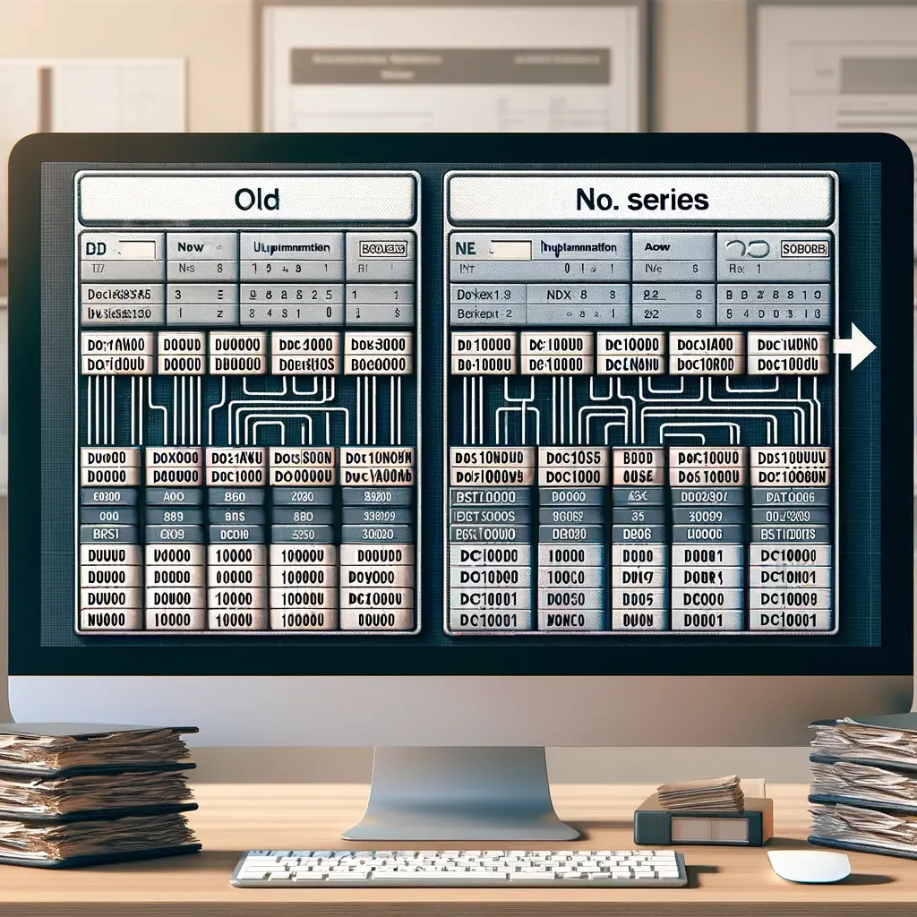 Split-screen comparison of an Old number series list on the left and a redesigned No. Series list on the right, illustrating the new No. Series implementation.