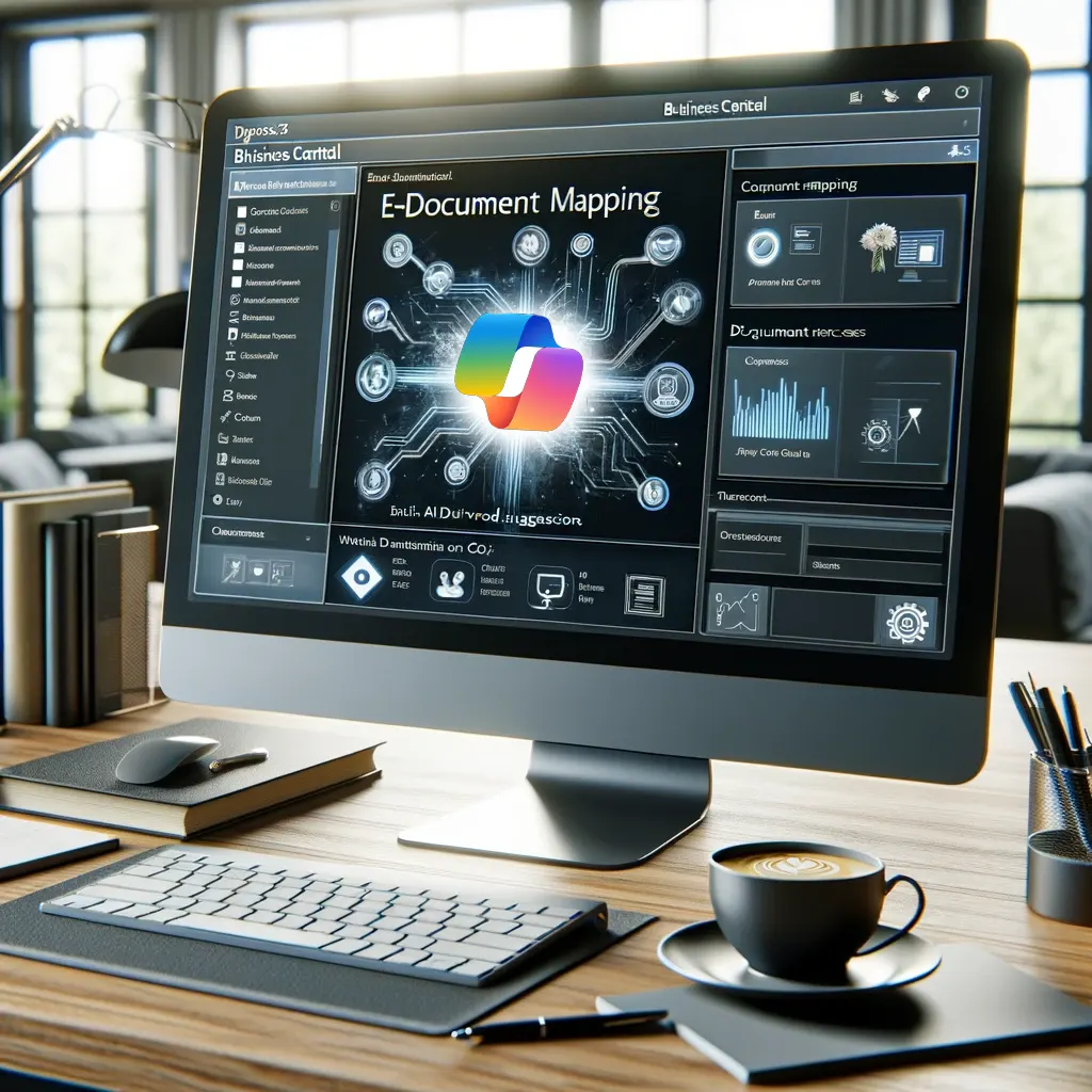 Business Central desktop screen showing an E-Document Mapping panel with a Copilot icon at the center of a connected diagram, on an office desk with coffee.
