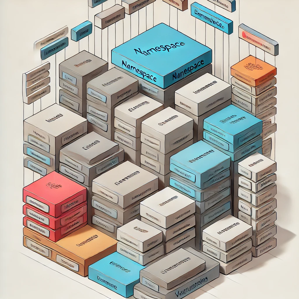 Isometric illustration of stacked boxes labeled Namespace grouping smaller colored blocks representing objects, illustrating namespaces in AL.