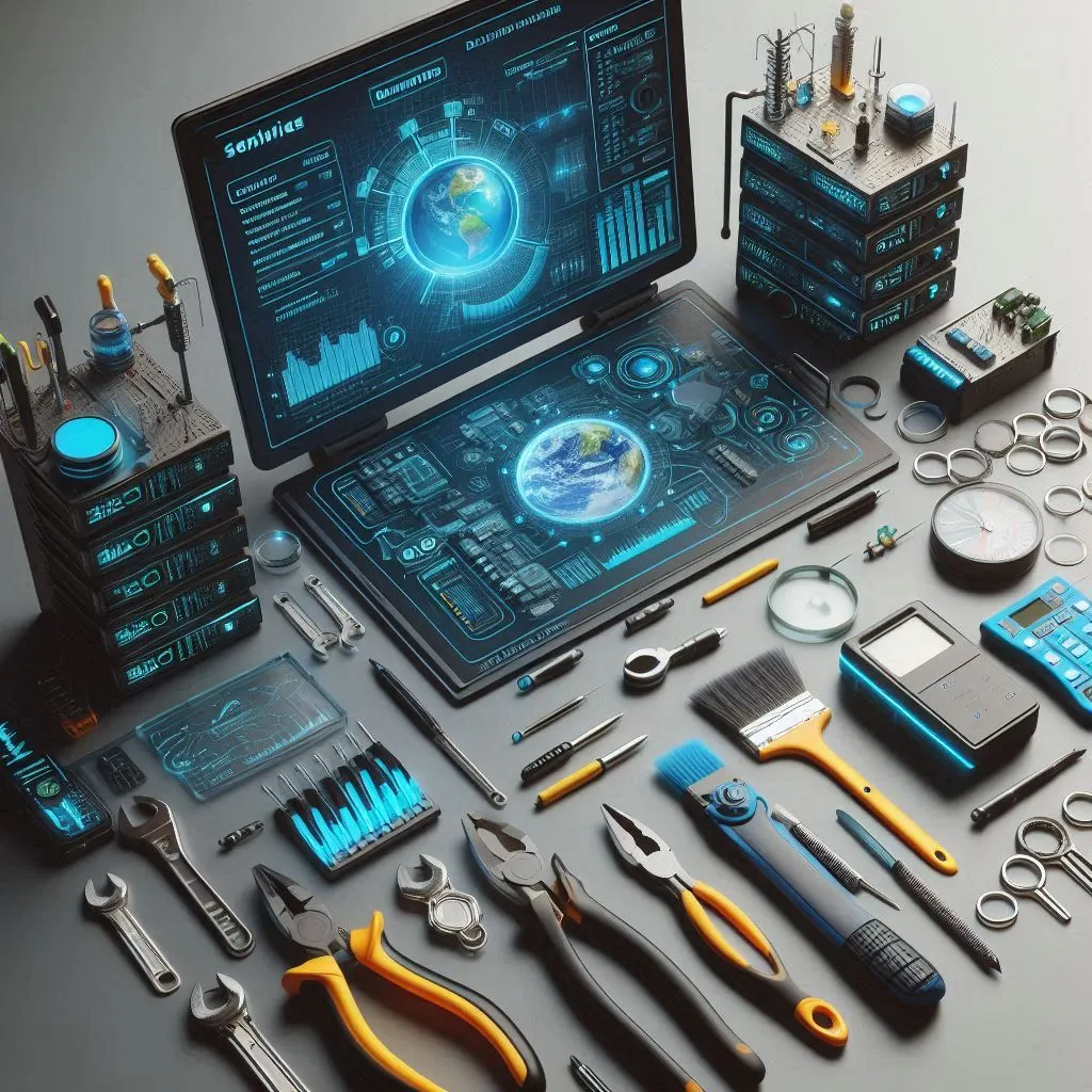 Illustration of a futuristic laptop displaying a glowing globe dashboard, surrounded by tools and gadgets, illustrating the Contoso demo data tool.