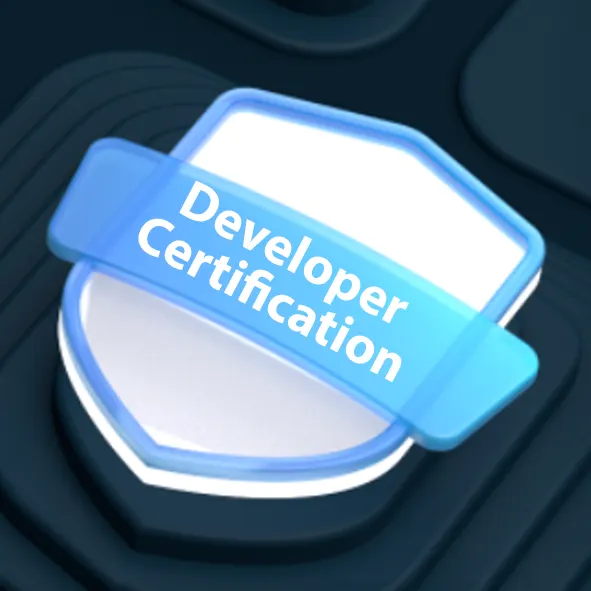 Blue shield badge with a ribbon reading Developer Certification.