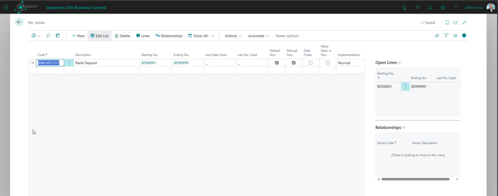 Business Central No. Series page showing a series line and factboxes for Open Lines and Relationships.