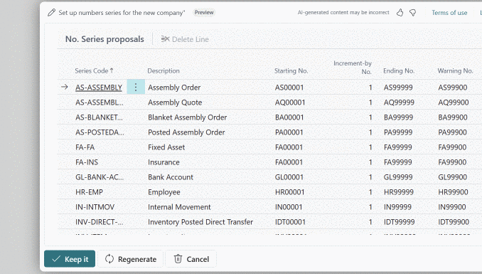 Copilot No. Series proposals panel suggesting number series setup for a new company.