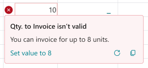 Inline validation error on Qty. to Invoice with corrective action link Set value to 8.