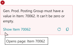 Inline error message: Gen. Prod. Posting Group missing for Item 70062, with action link Show Item 70062.