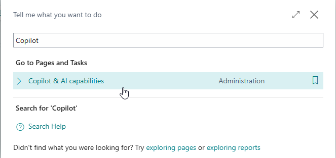 Searching Tell me for Copilot, which finds the Copilot and AI capabilities page