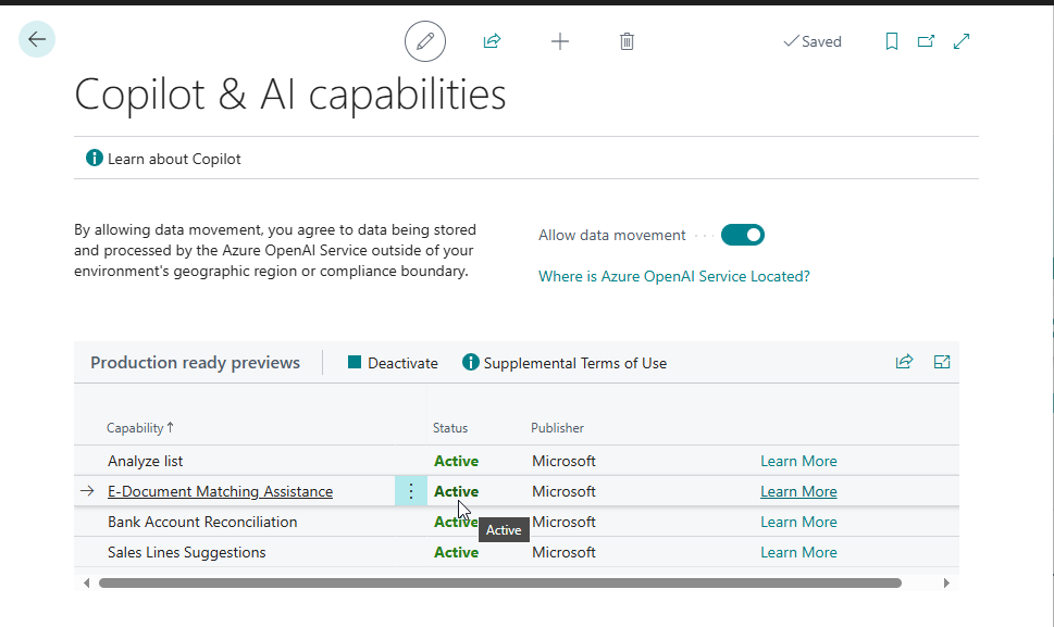 The Copilot and AI capabilities page with E-Document Matching Assistance active