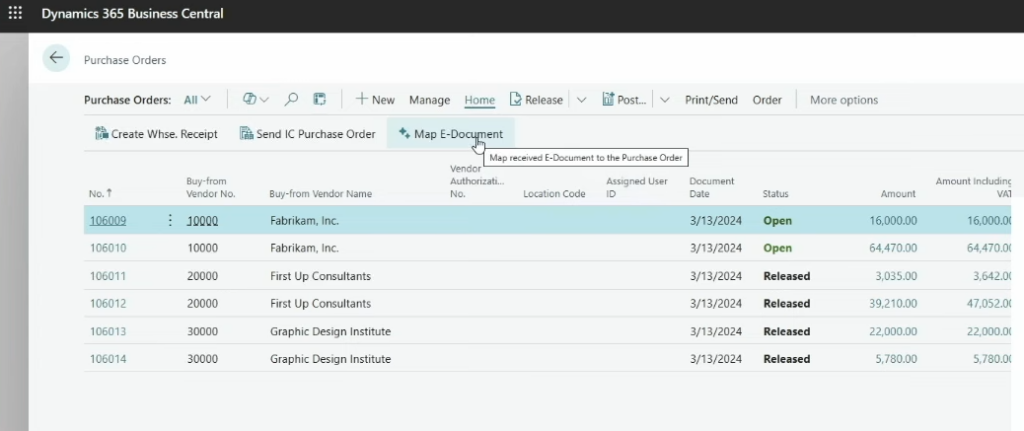 The Purchase Orders list, with the Map E-Document action about to be run