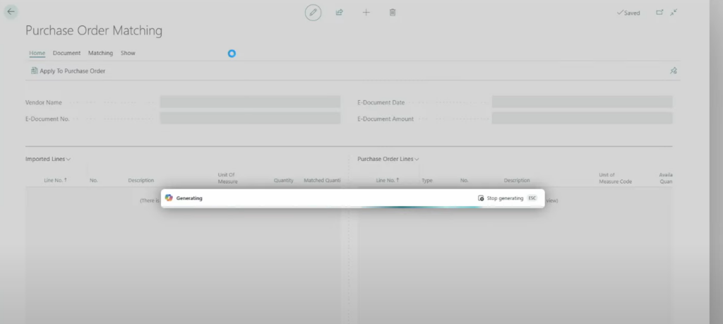 The Purchase Order Matching page while Copilot is generating its match proposals