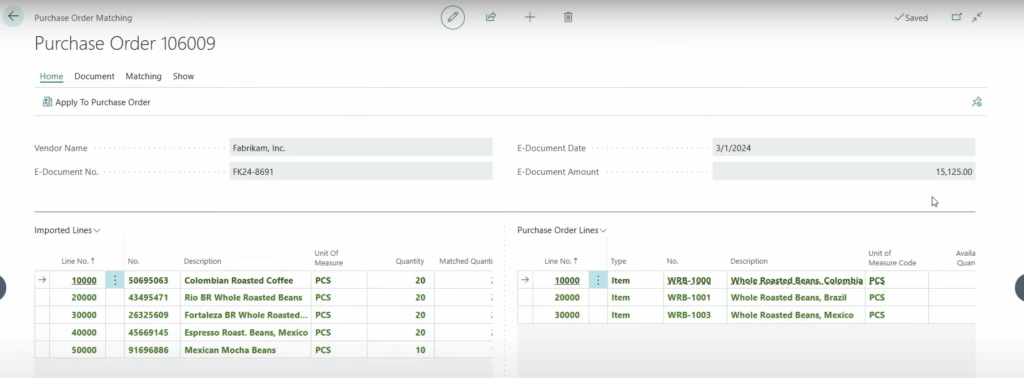 The Purchase Order Matching page after keeping the proposals, imported lines matched to order lines
