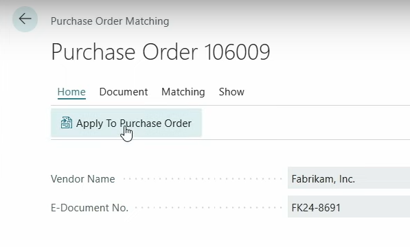 The Apply To Purchase Order action, which writes the matching back to the order