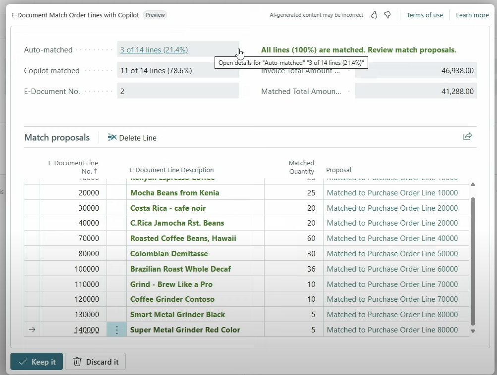 A larger document where Copilot matched eleven of fourteen lines on top of three auto-matches
