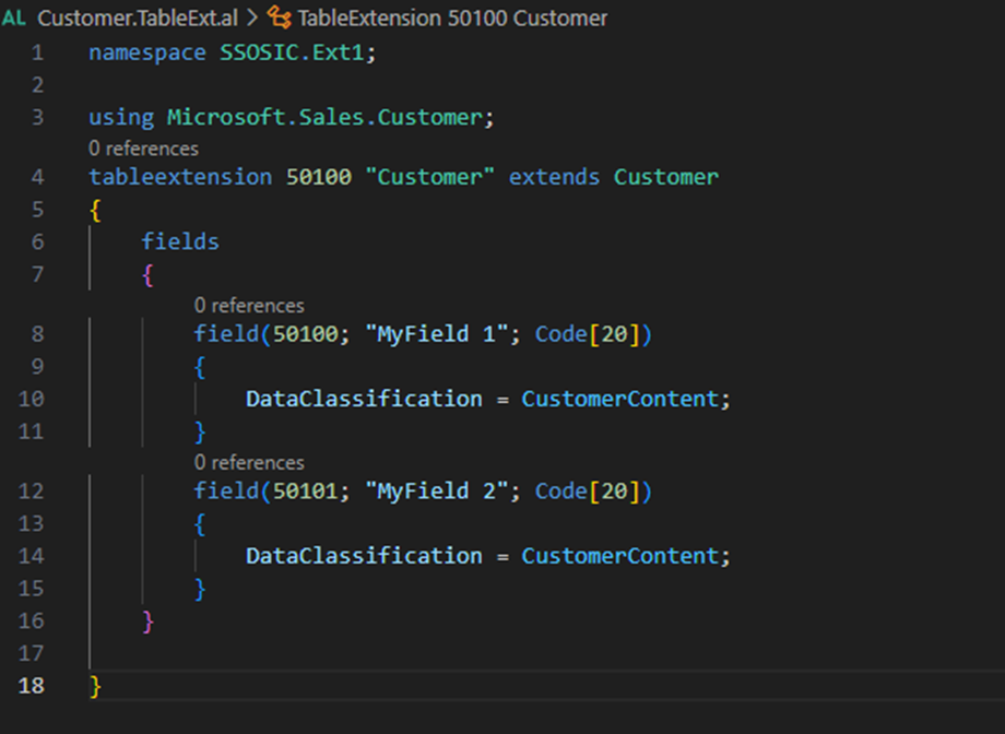 A table extension on Customer adding the fields MyField 1 and MyField 2