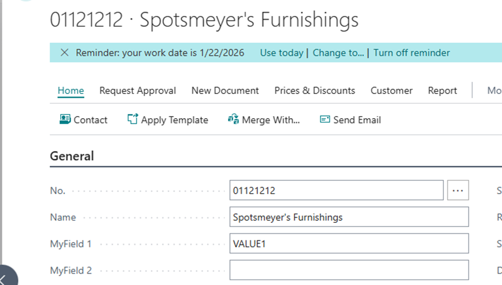 The Customer Card with VALUE1 entered in MyField 1 and MyField 2 left blank