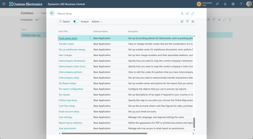 Older Manual Setup page in Business Central listing setup tasks with columns for short title, extension, and description.