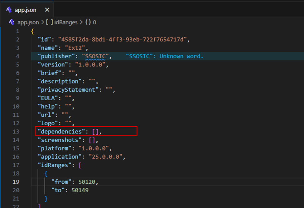 app.json for the second extension, its dependencies array deliberately empty