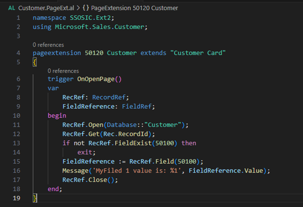 An OnOpenPage trigger reading field 50100 through RecordRef and FieldRef
