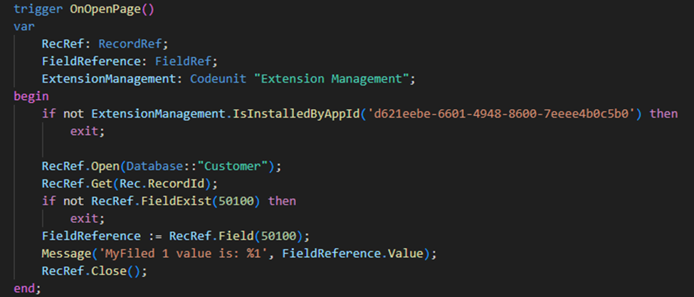 The same trigger guarded by Extension Management IsInstalledByAppId before it touches the field