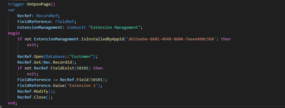 The trigger rewritten to set field 50101 through FieldRef and call RecRef.Modify