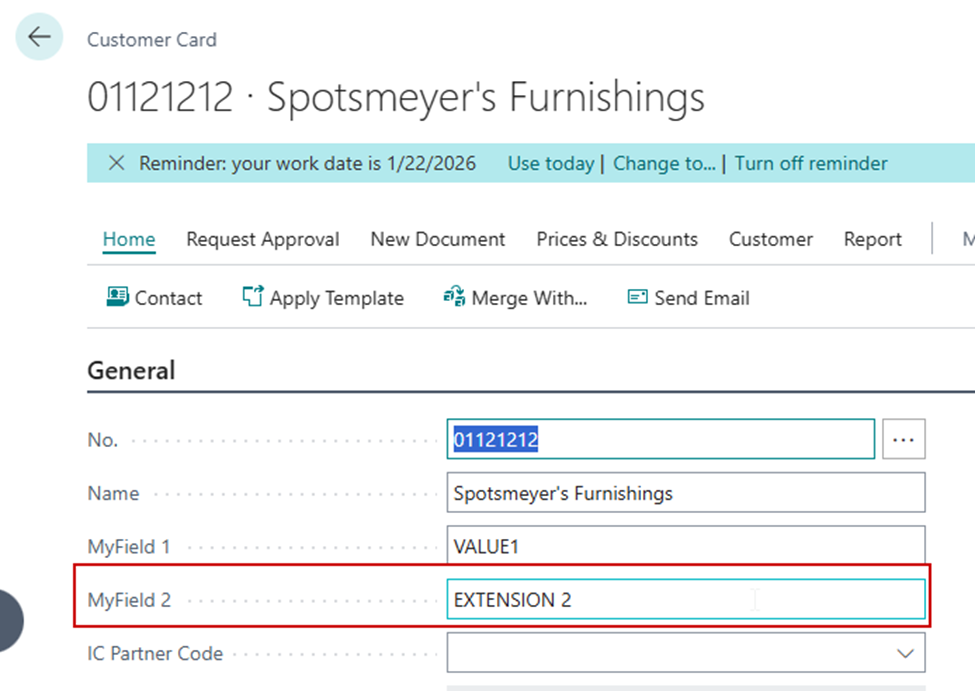 The Customer Card with MyField 2 now reading EXTENSION 2, written by the second extension