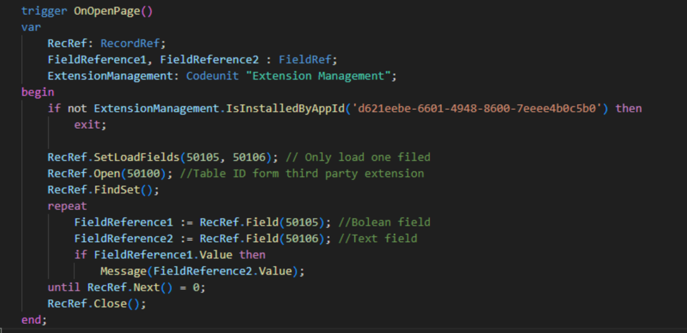 A RecordRef loop over a third-party table, using SetLoadFields and reading two fields by ID