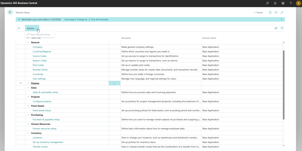 Redesigned Manual Setup page with categorized sections and an Actions menu at the top.
