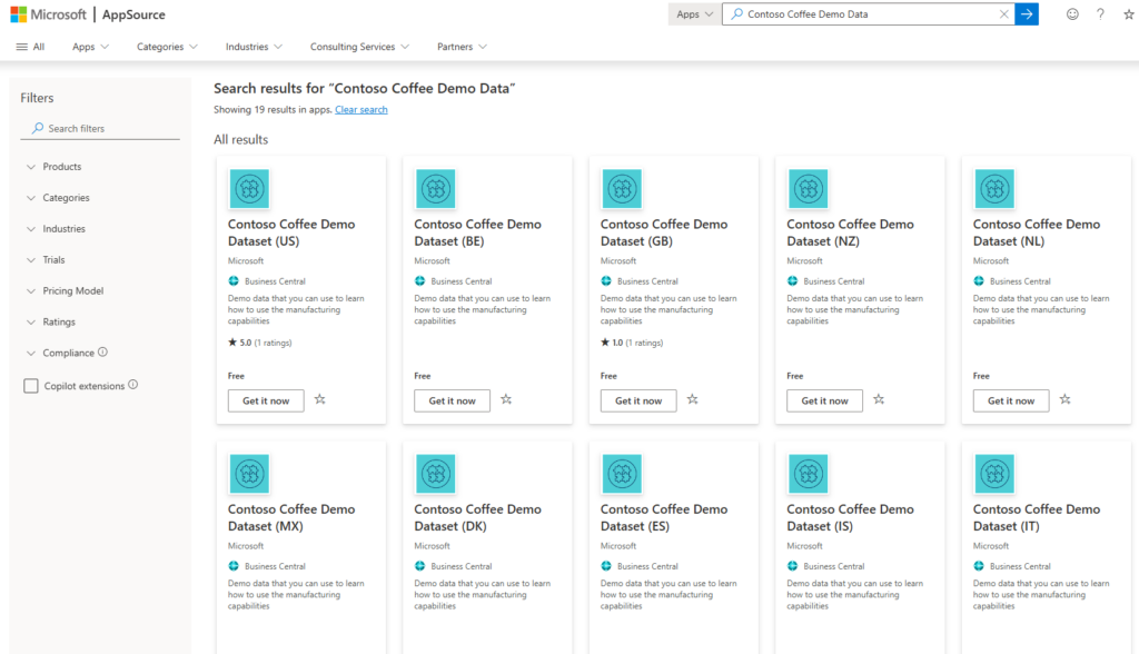 AppSource search results listing the Contoso Coffee Demo Dataset app for each country localization