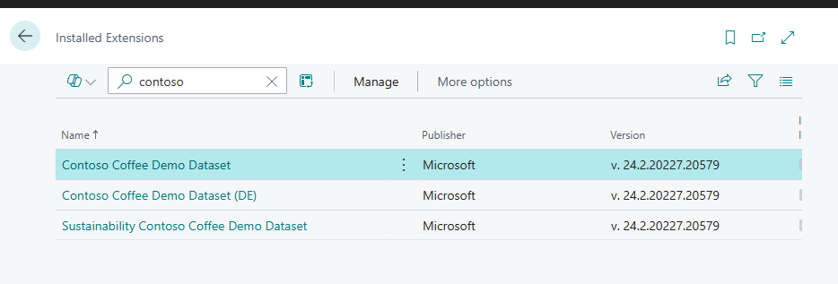 Installed Extensions filtered to contoso, showing the base, German and sustainability demo datasets