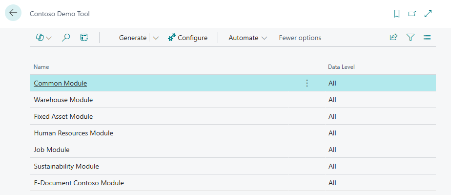 The Contoso Demo Tool listing its modules, from Common and Warehouse to E-Document