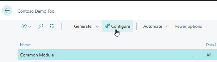 The Configure action on the Contoso Demo Tool, opened for the Common Module