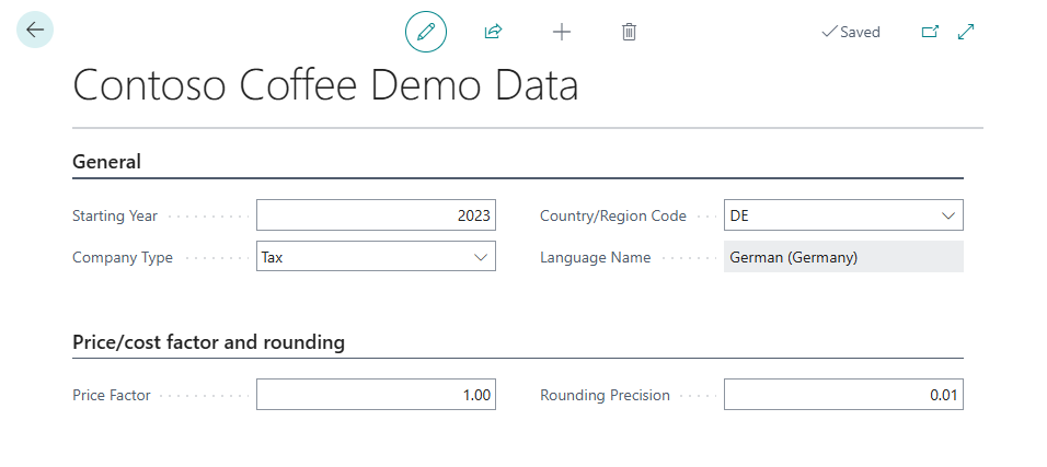 The Contoso Coffee Demo Data setup page, with starting year, company type, country and price factor