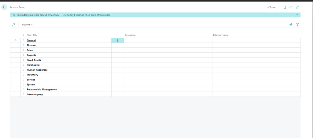 Simplified Manual Setup overview showing top-level categories such as General, Finance, Sales, and Inventory.