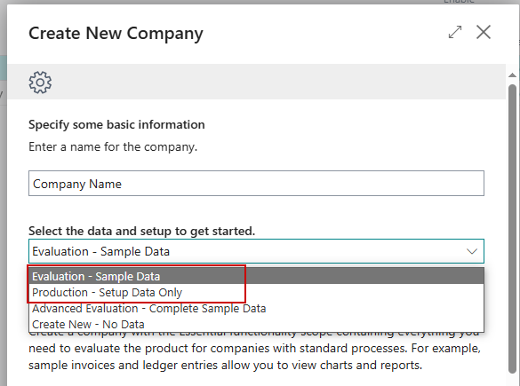 Create New Company with the data options list open on Evaluation and Production