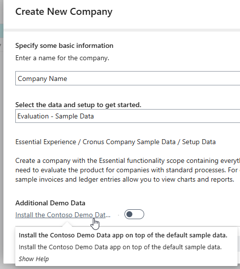 Create New Company offering to install the Contoso demo data app on top of the sample data