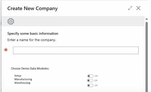 A future Create New Company step offering per-module demo data toggles for setup, manufacturing and warehousing