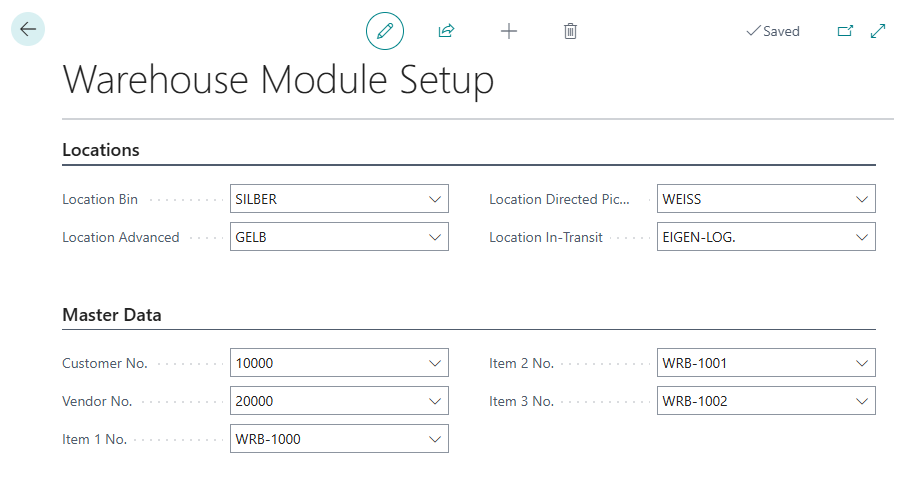 Warehouse Module Setup, its locations and master data filled with German localization values