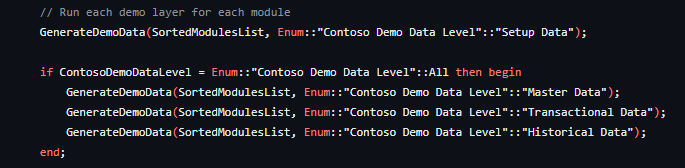 The tool code generating each demo layer in turn: setup, master, transactional and historical data