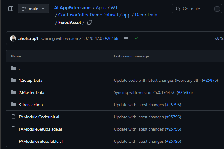 The Fixed Asset module folder on GitHub, ordered as setup data, master data and transactions