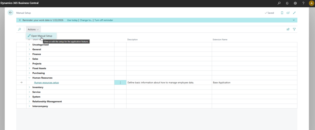 Manual Setup page with the Open Manual Setup action highlighted in the Actions menu.