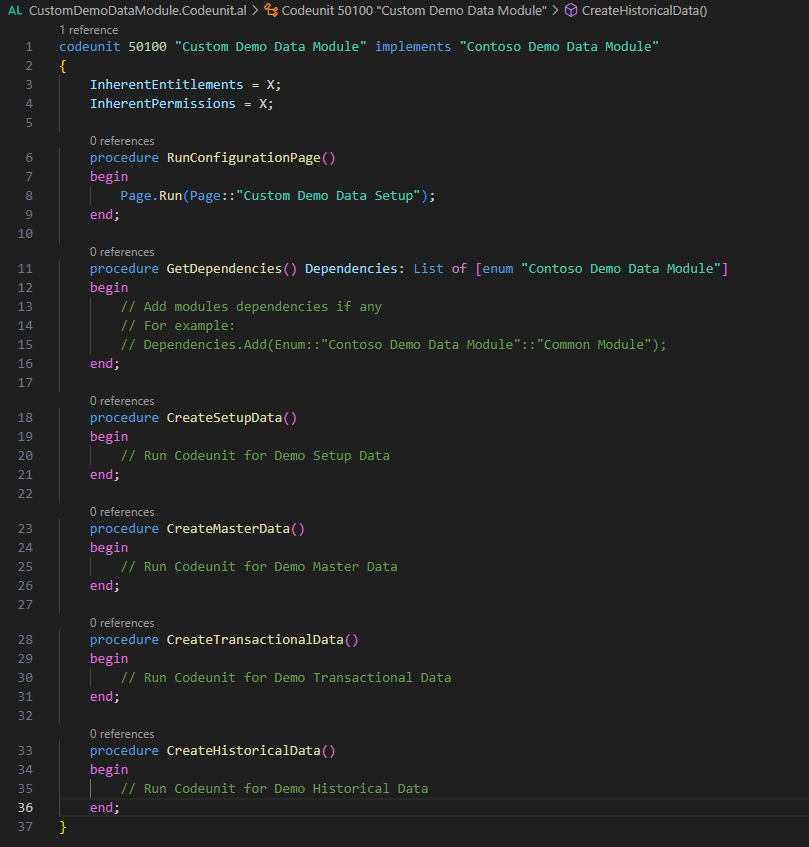 The codeunit implementing the Contoso Demo Data Module interface, one procedure per demo data layer