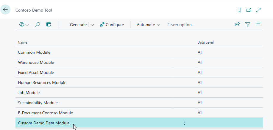 The Contoso Demo Tool after publishing, with the Custom Demo Data Module listed alongside Microsoft's
