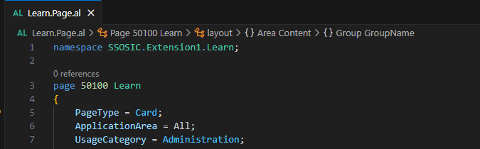 AL page object with namespace SSOSIC.Extension1.Learn declared at the top of the file.