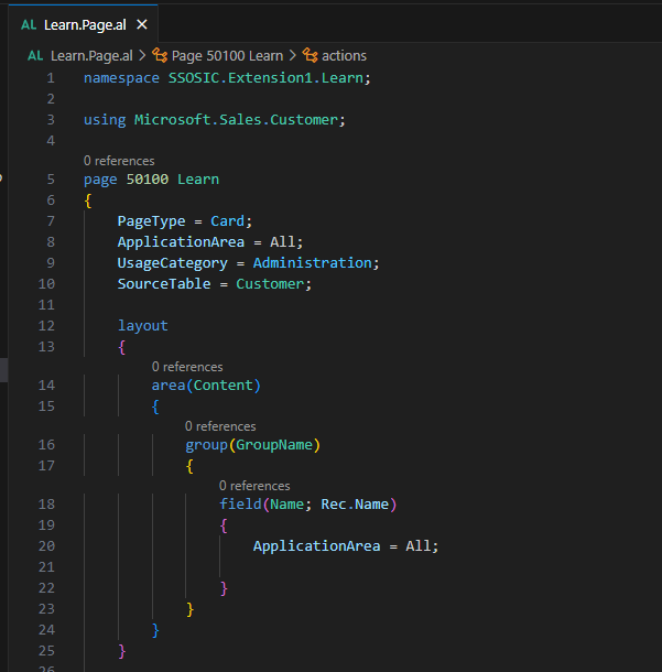 AL page code using directive 'using Microsoft.Sales.Customer;' with SourceTable set to Customer.