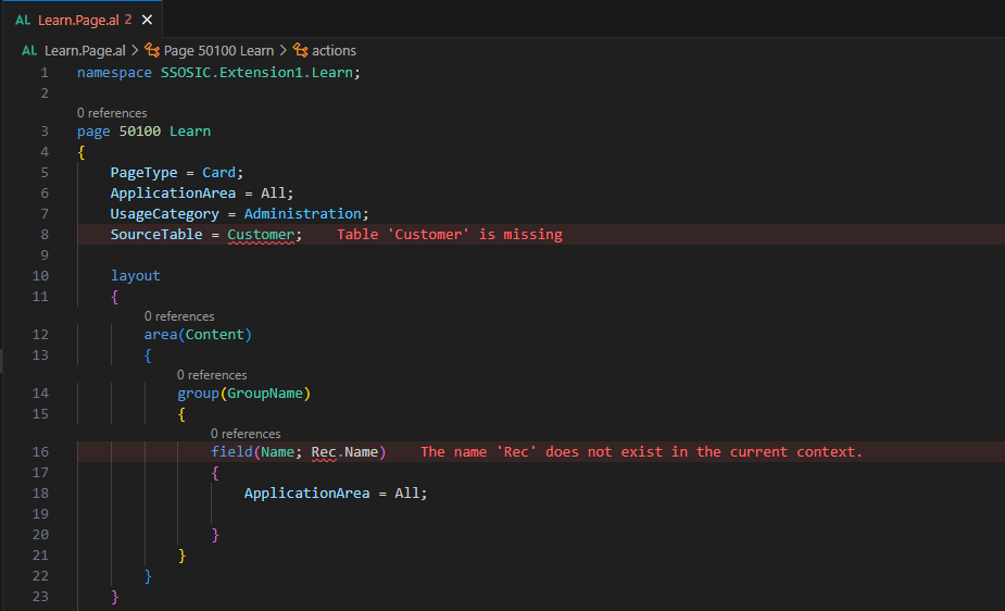AL compiler errors showing 'Customer' and 'Rec' unresolved when SourceTable is not qualified.