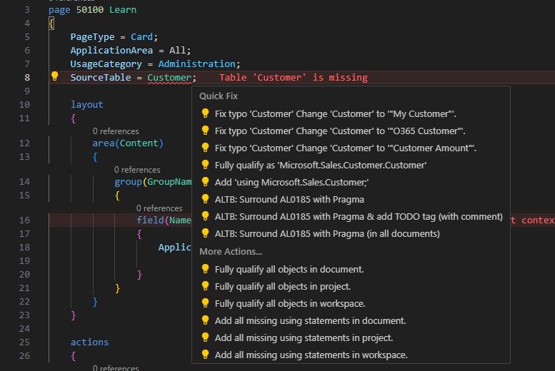 Quick Fix menu in VS Code offering fully qualified names or adding a using statement for Customer.